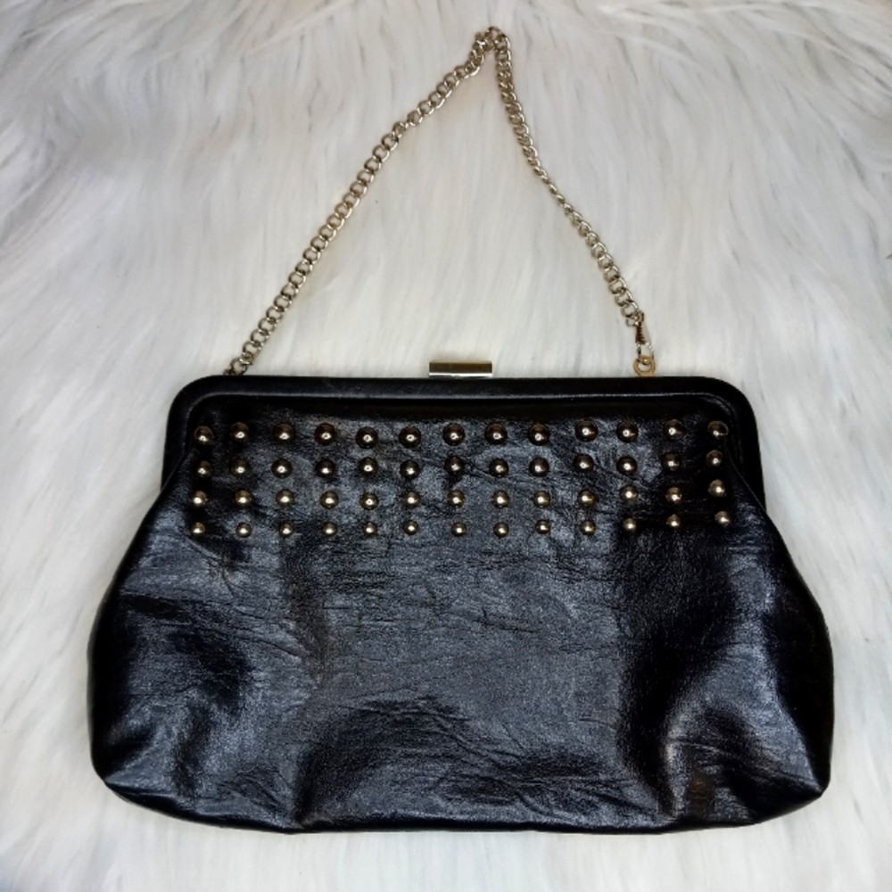 Black Studded Faux Leather Clutch Purse